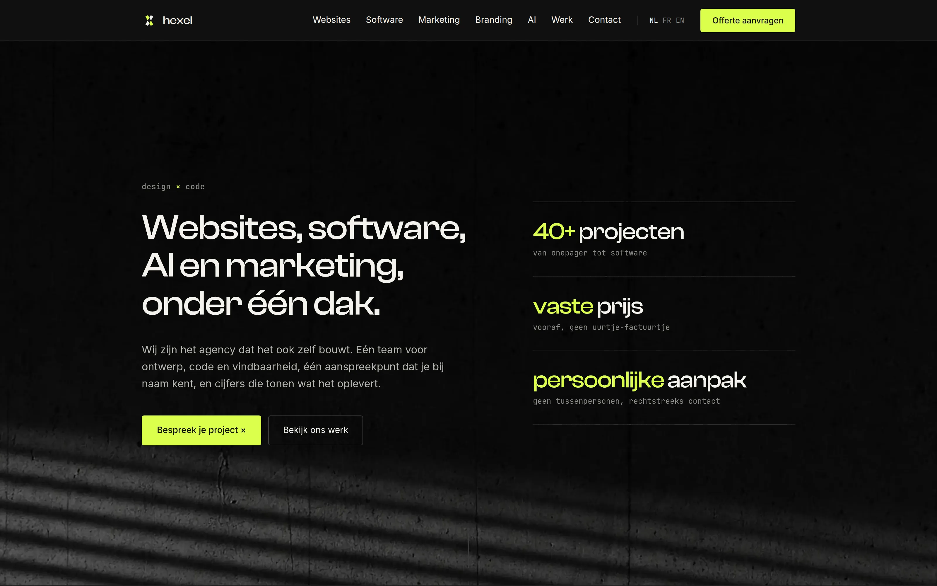 Homepage van hexel: websites, software, AI en marketing, onder één dak