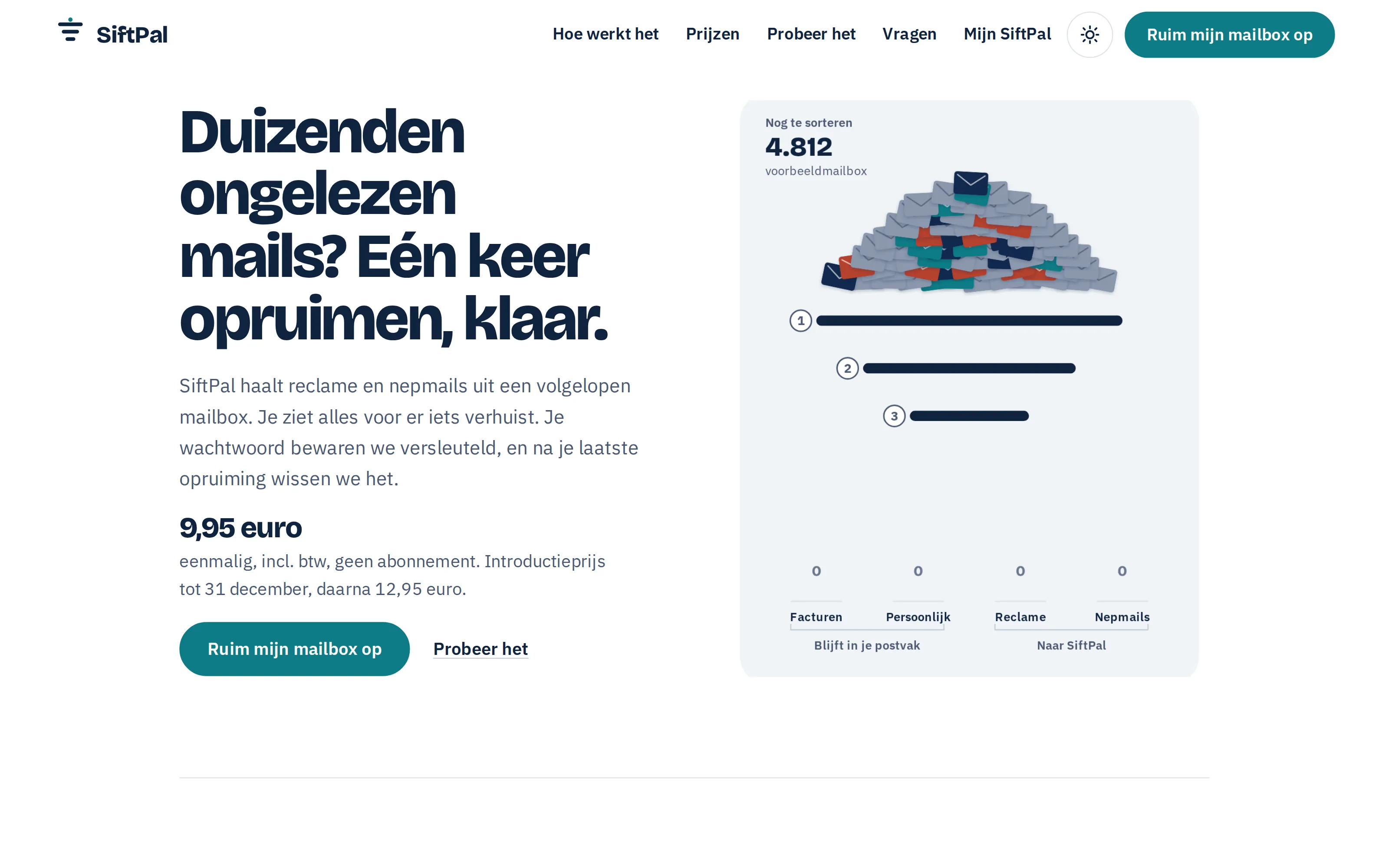 Homepage van SiftPal: reclame en nepmails uit een volle mailbox halen